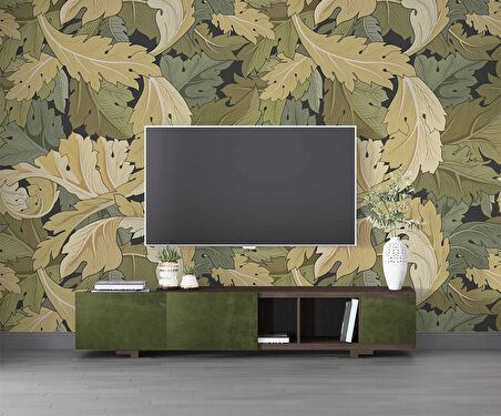 Yeşil Sarı Yaprak Desenli Duvar Kağıdı