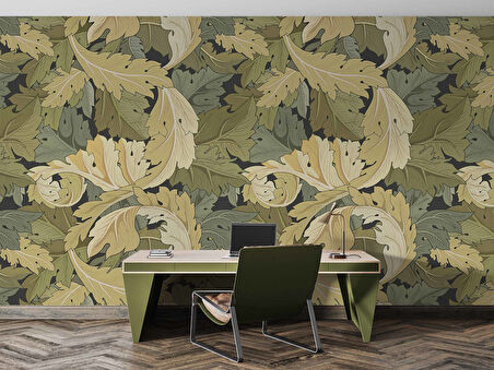 Yeşil Sarı Yaprak Desenli Duvar Kağıdı