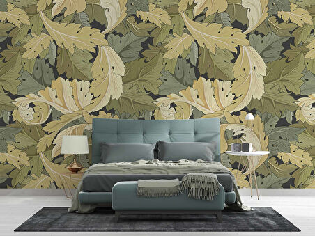 Yeşil Sarı Yaprak Desenli Duvar Kağıdı