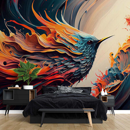 Renkli Kuş Çizimi Desenli Duvar Kağıdı