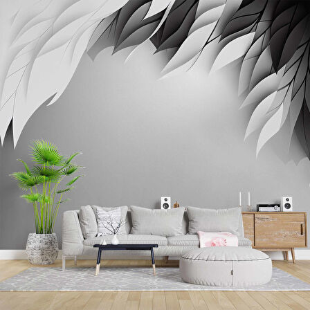 3 Boyutlu Siyah Beyaz Tüy Desenli Duvar Kağıdı