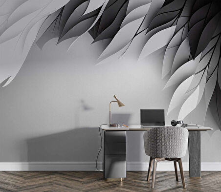 3 Boyutlu Siyah Beyaz Tüy Desenli Duvar Kağıdı