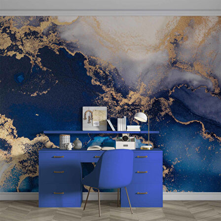 3 Boyutlu Lacivert Beyaz Mermer Desenli Duvar Kağıdı