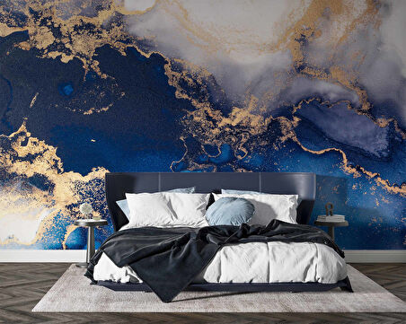 3 Boyutlu Lacivert Beyaz Mermer Desenli Duvar Kağıdı