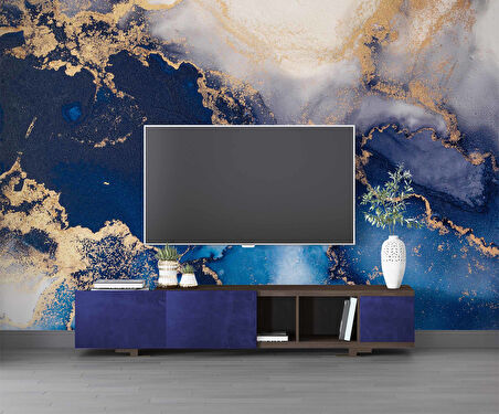 3 Boyutlu Lacivert Beyaz Mermer Desenli Duvar Kağıdı