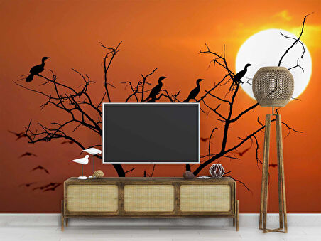 Günbatımı Ağaç ve Kuş Manzaralı Duvar Kağıdı