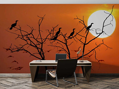 Günbatımı Ağaç ve Kuş Manzaralı Duvar Kağıdı