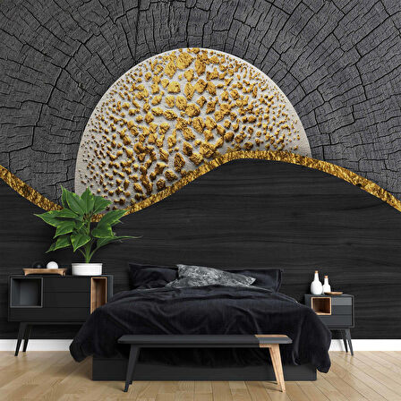 Yanmış Ağaç ve Altın Desenli Duvar Kağıdı