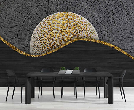 Yanmış Ağaç ve Altın Desenli Duvar Kağıdı