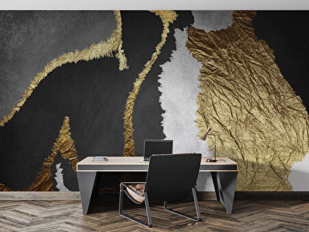 3 Boyutlu Siyah Beyaz ve Altın Desenli Duvar Kağıdı