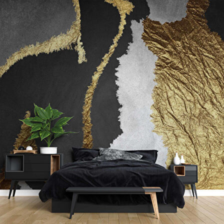 3 Boyutlu Siyah Beyaz ve Altın Desenli Duvar Kağıdı