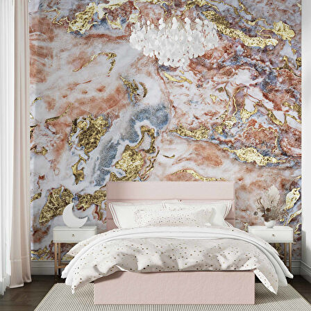 3 Boyutlu Pembe Altın Mermer Desenli Duvar Kağıdı