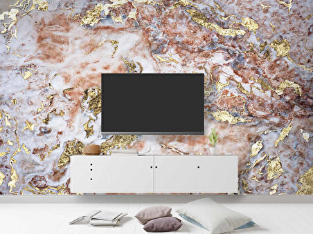 3 Boyutlu Pembe Altın Mermer Desenli Duvar Kağıdı