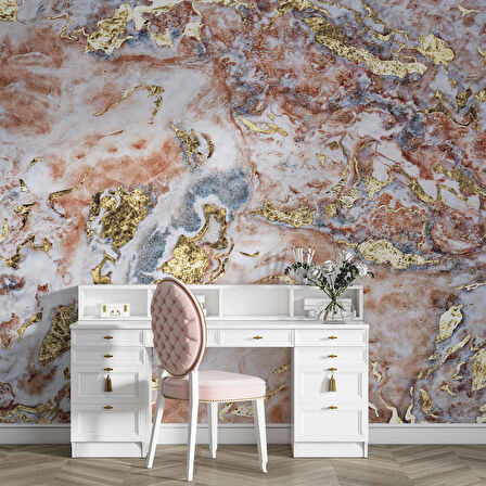 3 Boyutlu Pembe Altın Mermer Desenli Duvar Kağıdı