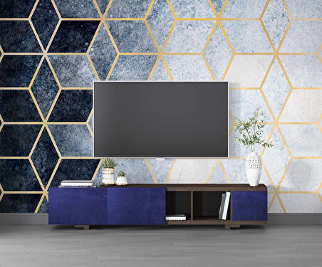 Lacivert Beyaz Geometrik Mermer Desenli Duvar Kağıdı