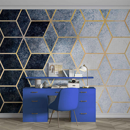 Lacivert Beyaz Geometrik Mermer Desenli Duvar Kağıdı