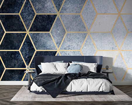 Lacivert Beyaz Geometrik Mermer Desenli Duvar Kağıdı