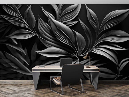 3 Boyutlu Siyah Yaprak Desenli Duvar Kağıdı