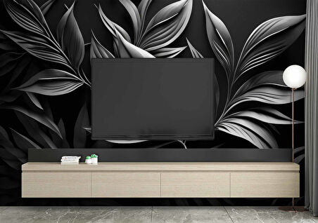 3 Boyutlu Siyah Yaprak Desenli Duvar Kağıdı