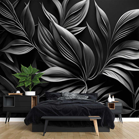 3 Boyutlu Siyah Yaprak Desenli Duvar Kağıdı