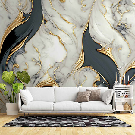 3 Boyutlu Altın Beyaz Mermer Desenli Duvar Kağıdı