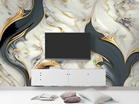 3 Boyutlu Altın Beyaz Mermer Desenli Duvar Kağıdı