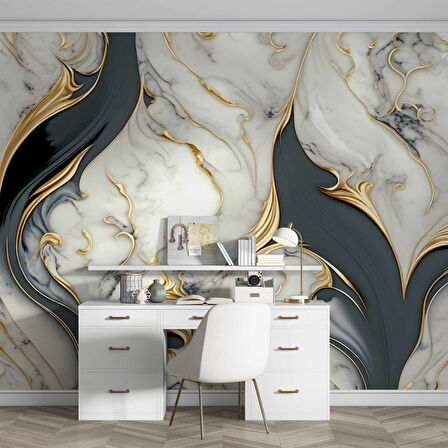 3 Boyutlu Altın Beyaz Mermer Desenli Duvar Kağıdı