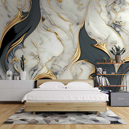 3 Boyutlu Altın Beyaz Mermer Desenli Duvar Kağıdı