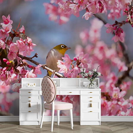 Pembe Çiçek ve Kuş Manzaralı Duvar Kağıdı