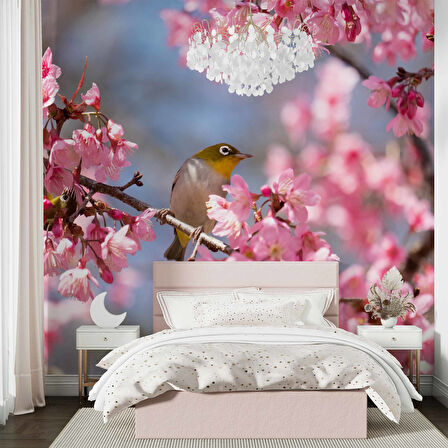 Pembe Çiçek ve Kuş Manzaralı Duvar Kağıdı