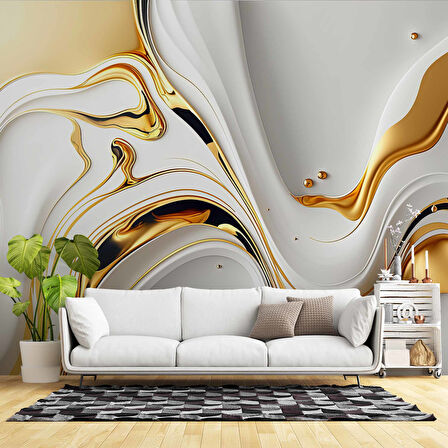 3 Boyutlu Beyaz Altın Boya Desenli Duvar Kağıdı