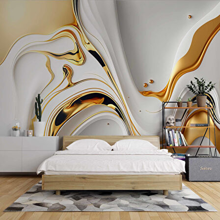 3 Boyutlu Beyaz Altın Boya Desenli Duvar Kağıdı