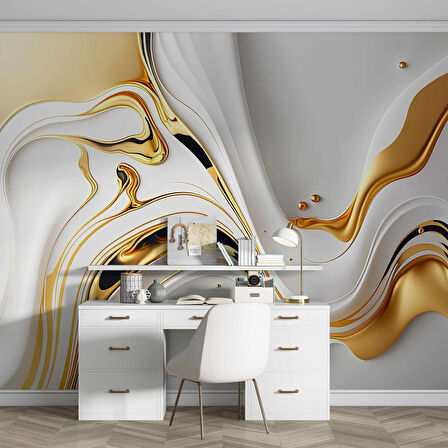 3 Boyutlu Beyaz Altın Boya Desenli Duvar Kağıdı