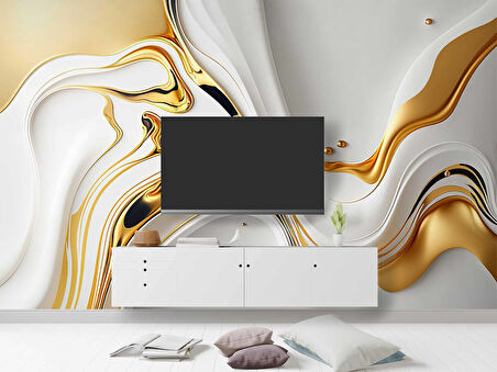 3 Boyutlu Beyaz Altın Boya Desenli Duvar Kağıdı