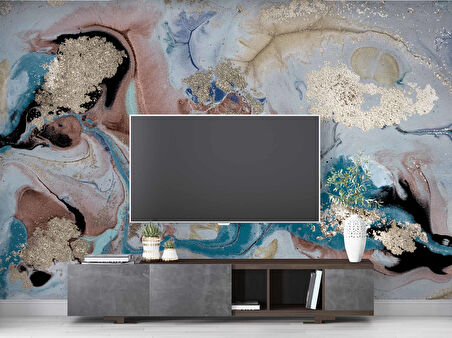 Pembe Mavi Altın Mermer Desenli Duvar Kağıdı