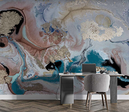 Pembe Mavi Altın Mermer Desenli Duvar Kağıdı