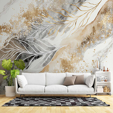 3 Boyutlu Tüy ve Mermer Desenli Duvar Kağıdı