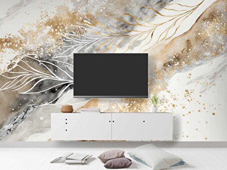 3 Boyutlu Tüy ve Mermer Desenli Duvar Kağıdı