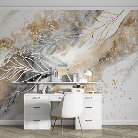 3 Boyutlu Tüy ve Mermer Desenli Duvar Kağıdı