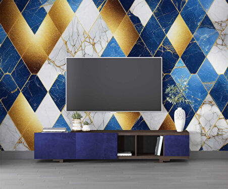 3 Boyutlu Lacivert Altın Mermer Desenli Duvar Kağıdı
