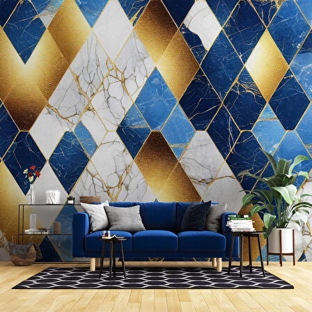 3 Boyutlu Lacivert Altın Mermer Desenli Duvar Kağıdı