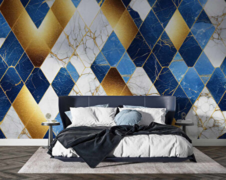 3 Boyutlu Lacivert Altın Mermer Desenli Duvar Kağıdı