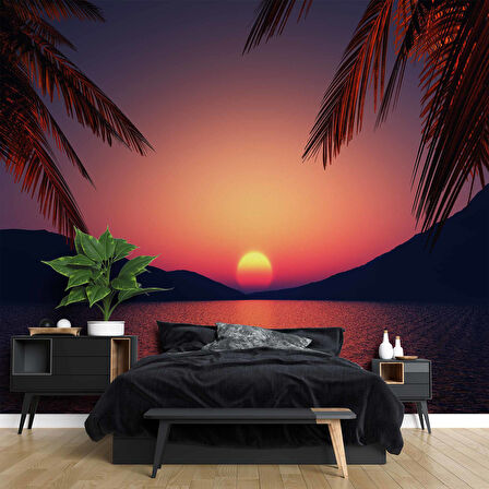 Günbatımı Deniz ve Palmiye Manzaralı Duvar Kağıdı