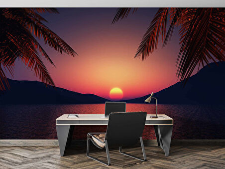Günbatımı Deniz ve Palmiye Manzaralı Duvar Kağıdı