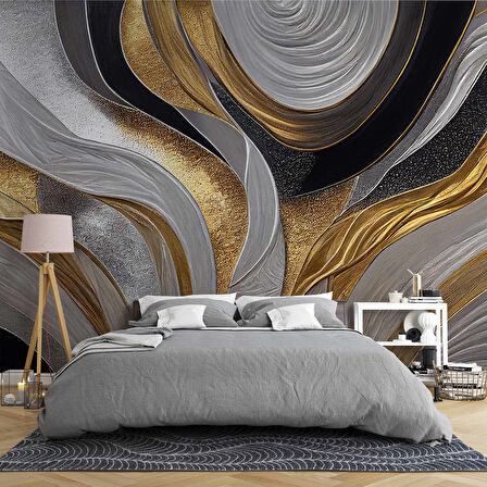 3 Boyutlu Siyah Gri Altın Simli Desenli Duvar Kağıdı