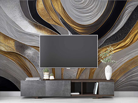 3 Boyutlu Siyah Gri Altın Simli Desenli Duvar Kağıdı