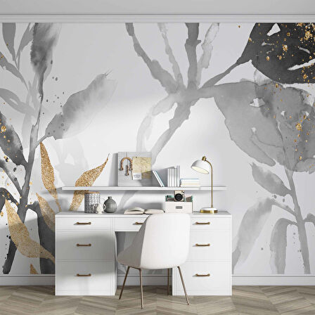 Siyah Yaprak Boyama Desenli Duvar Kağıdı