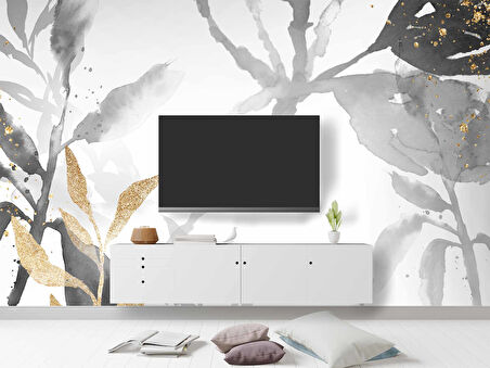 Siyah Yaprak Boyama Desenli Duvar Kağıdı