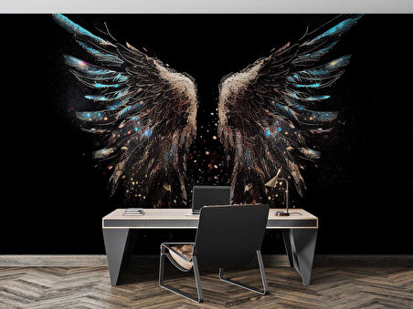 Altın Ve Mavi Kanat Desenli Duvar Kağıdı