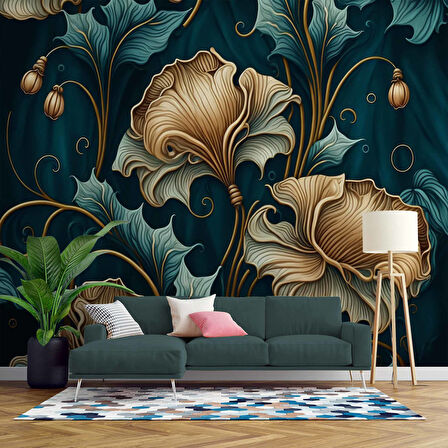 Koyu Yeşil Zeminli Altın Yaprak Desenli Duvar Kağıdı